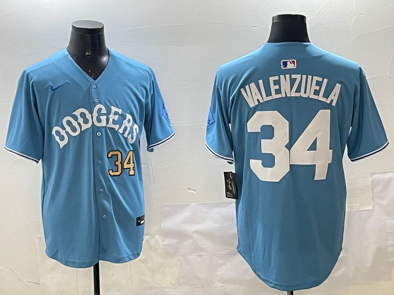 Men Los Angeles Dodgers 34 Valenzuela Light Blue Joint Name 2025 Nike MLB Jersey style 3169